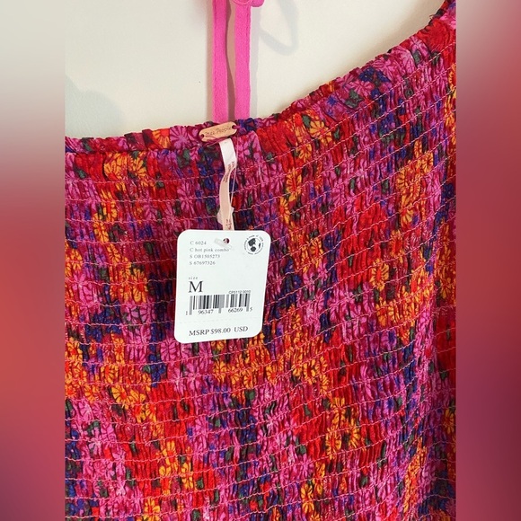 Free People Floral Print Women's Smocked Puff Sleeve Crop Top  Hot Pink NWT - Picture 11 of 11